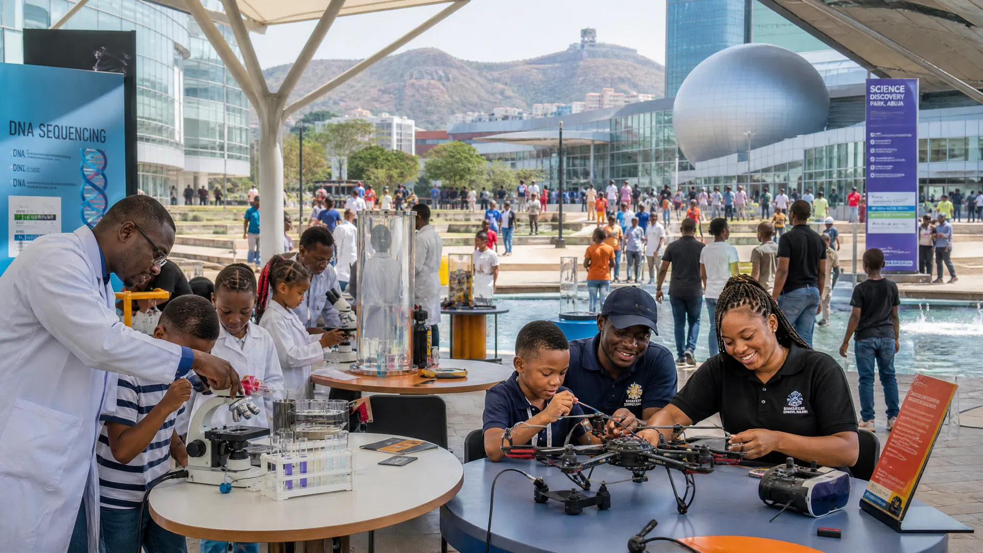 Science Discovery Park with families and tourists enjoying interactive exhibits